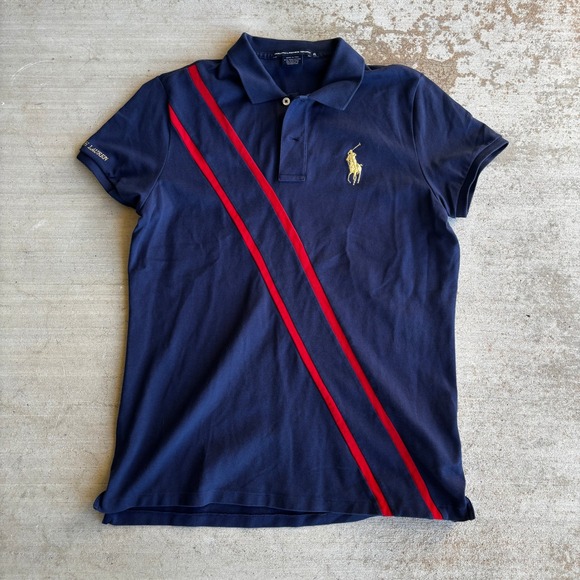 Ralph Lauren Sport Tops - Y2K Ralph Lauren Sport Navy Blue Pima Cotton Sash Stripe Polo Shirt XL Big Pony